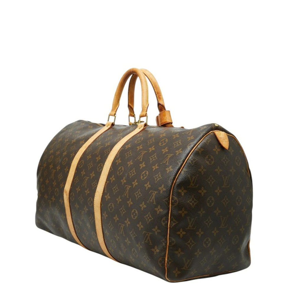 Louis Vuitton Brown Travel Bag Keepall Monogram Boston Leather Brown